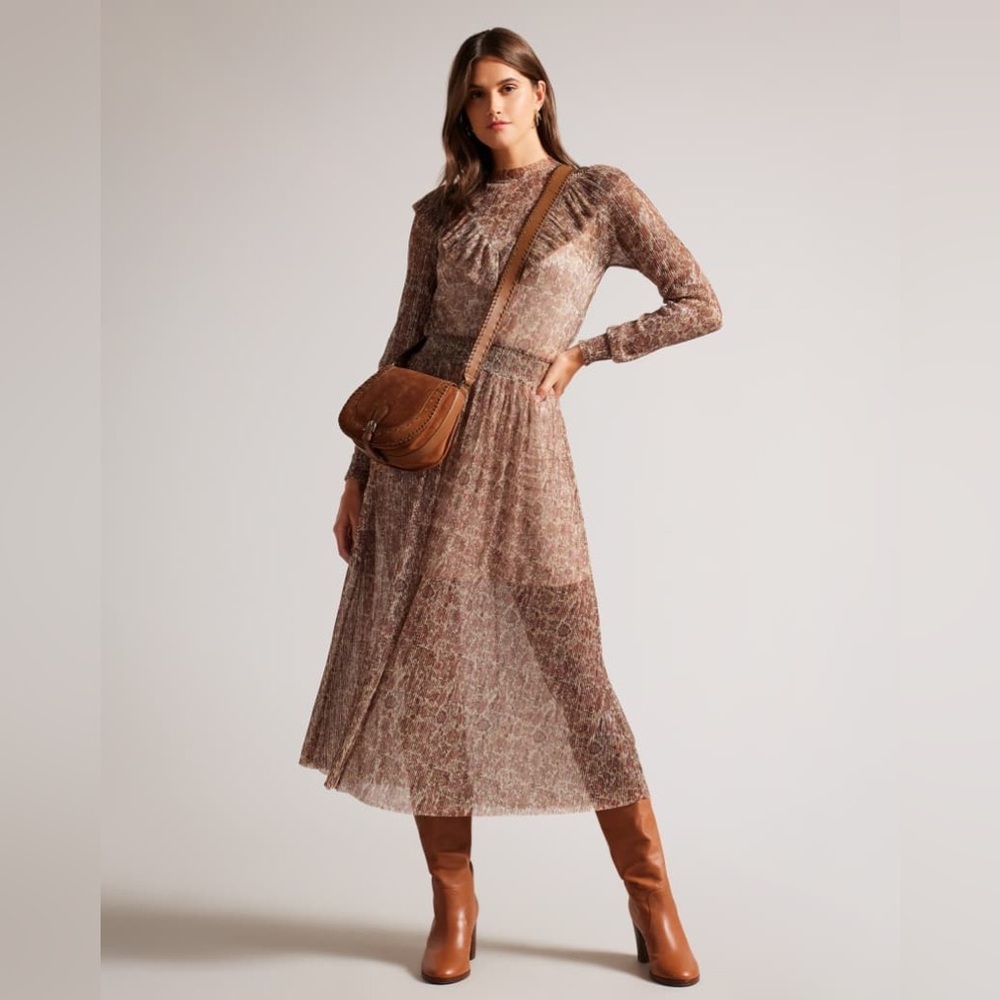 NWT TED BAKER Debbix Long Sleeve Midi Dress With Frill 8